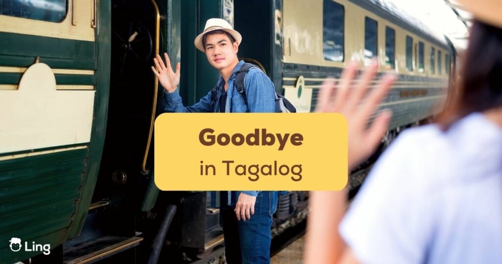 Asian man getting on a train and waving a woman Goodbye in Tagalog