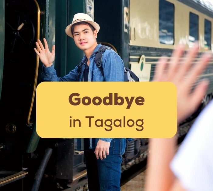 Asian man getting on a train and waving a woman Goodbye in Tagalog