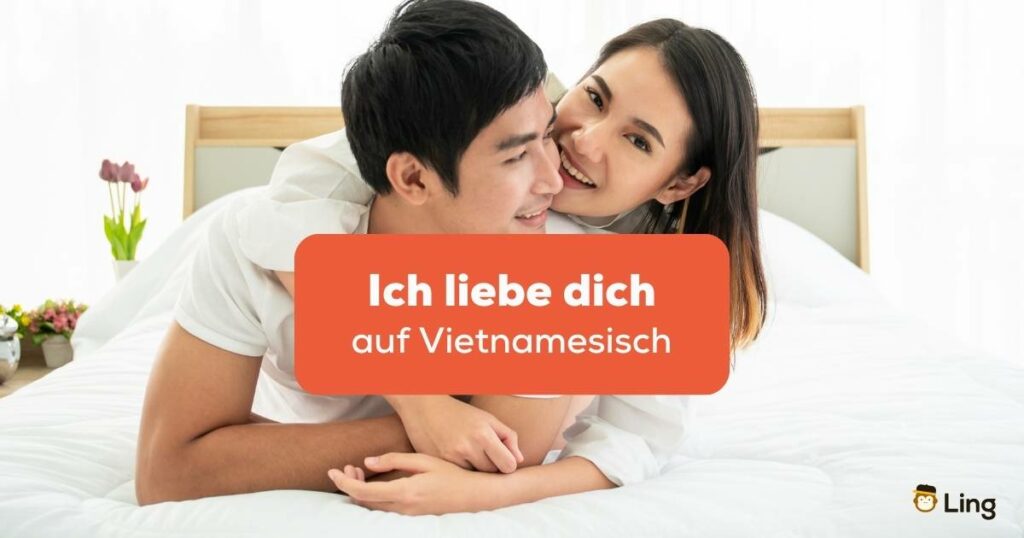 Vietnamesisches Paar umarmt sich und sagt Ich liebe dich auf Vietnamesisch
