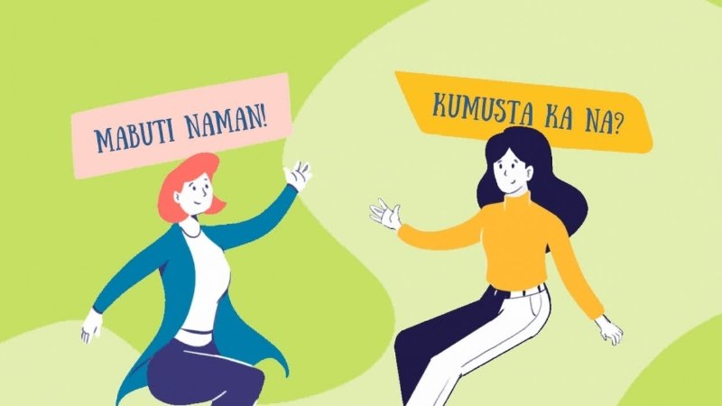 Illustration with one woman asking How are you in Tagalog and the another woman answering