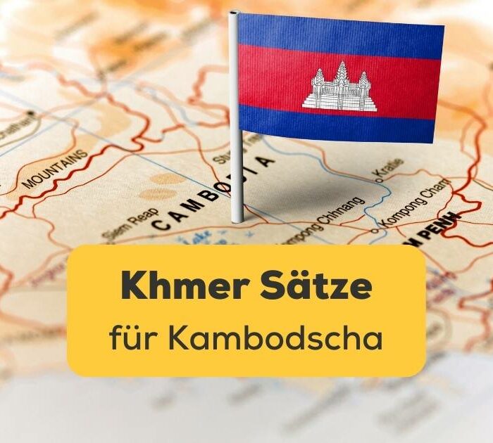 Karte von Kambodscha inklusive einem Pin mit der Flagge Khmer Sätze für Reisen nach Kambodscha