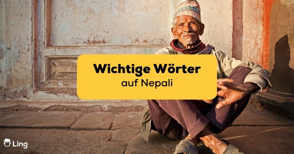 Nepalesischer Mann sitzt auf dem Boden. Lerne wichtige Wörter und Redewendungen auf Nepali mit der Ling-App