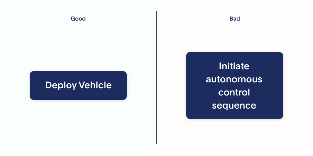 In a software UI for a manufacturing plant, good ux provides clear understandable language: 'deploy vehicle', while bad UX overcomplicates the user option: 'initiate autonomous control sequence.'
