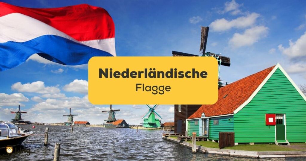 Niederländische Flagge weht am Meer in den Niederlanden, eine Mühle ist zu sehen