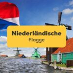 Niederländische Flagge weht am Meer in den Niederlanden, eine Mühle ist zu sehen