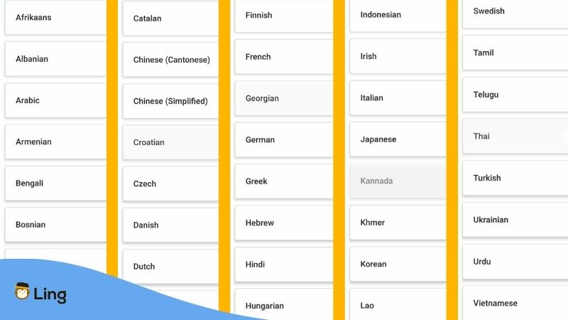 A photo showing some of the 60+ languages of the Ling app - Ling app review
