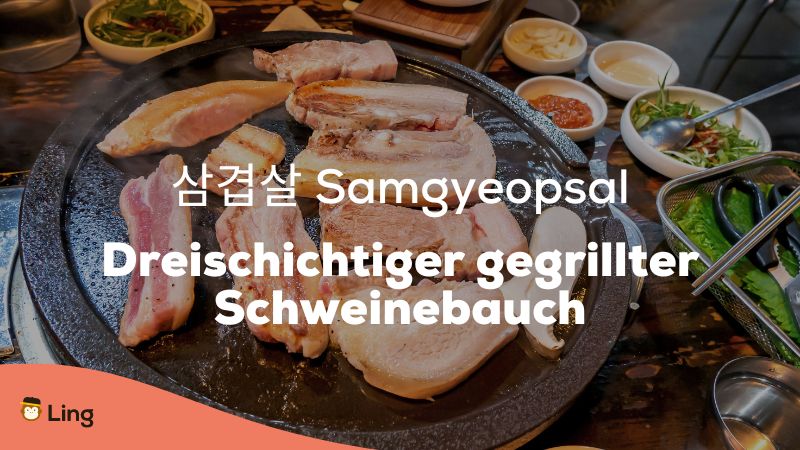 Dreischichtiger gegrillter Schweinebauch ist ein beliebtes Gericht beim koreanischen Barbecue