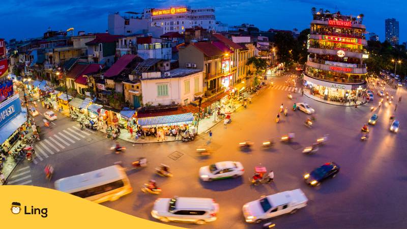 Traffic at night in Hanoi, Vietnam where the Drinking culture of the Vietnamese takes place