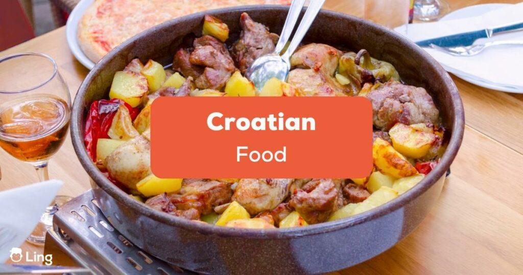 Pan with traditional Croatian Food Peka wiht mixed meat and vegetables
