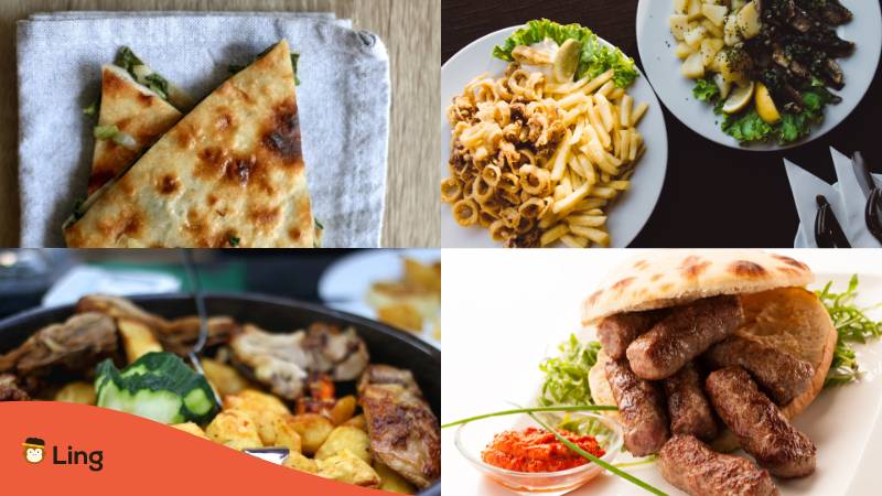 Collage with 4 images depicting Croatian Must Try dishes with Cevapcici, Sardines, Fries and potatoes