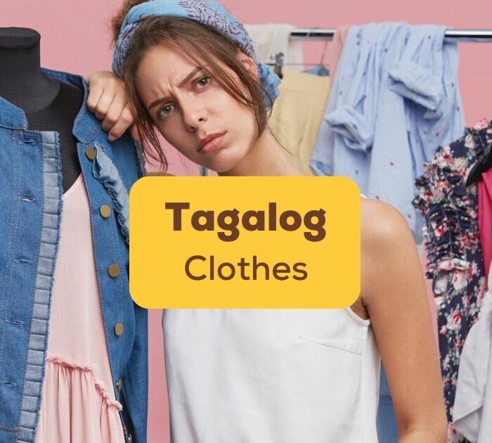 Tagalog clothes - A photo of a woman with shirts and dress in the background