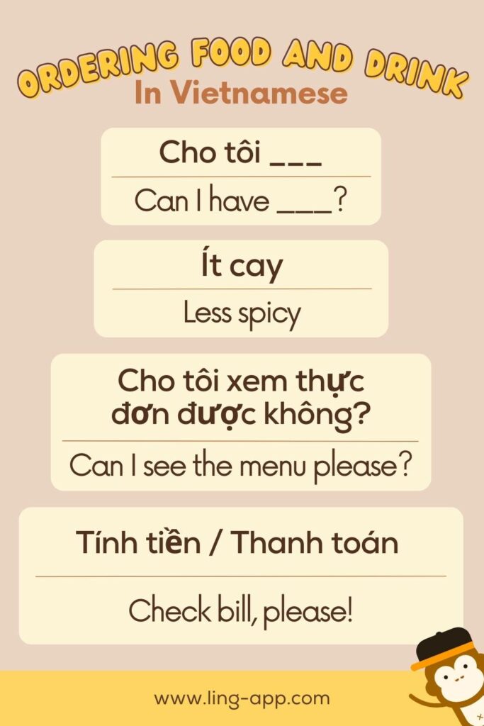 Learn Ordering Food and Drink in Vietnamese as part of important vietnamese phrases for travel with Ling app