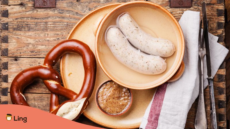 German Weisswurst is steamed and often paired with Brezel and sweet mustard