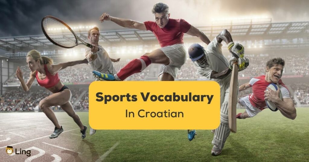 Five people playing different Sports Vocabulary in Croatian like running, tennis, soccer, baseball and football
