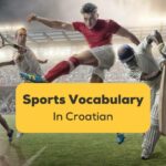 Five people playing different Sports Vocabulary in Croatian like running, tennis, soccer, baseball and football