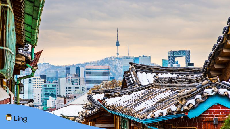 Stadtpanorama der koreanischen Hauptstadt Seoul im Winter