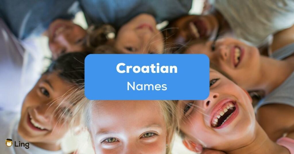 Group of children with croatian names bringing their heads together in a circle and laughing