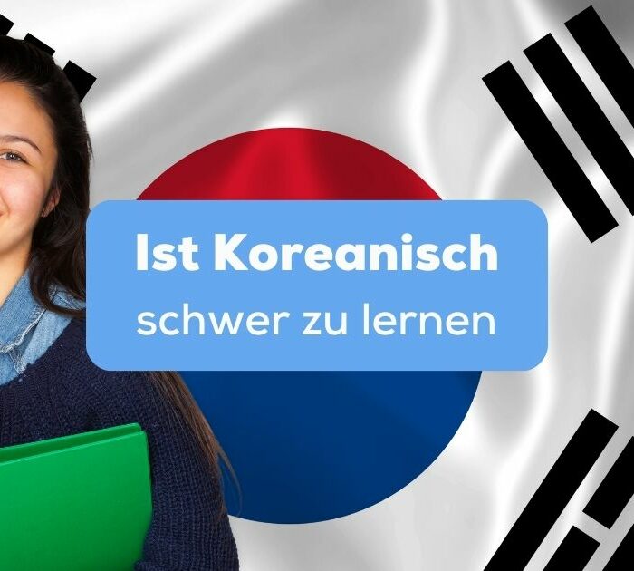 Frau mit Lernmaterialien in der Hand um Koreanisch zu lernen, im Hintergrund eine grosse koreanische Flagge