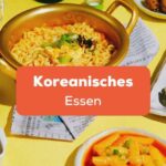 Tisch mit leckeren koreanischen Gerichten und Marinaden und Saucen