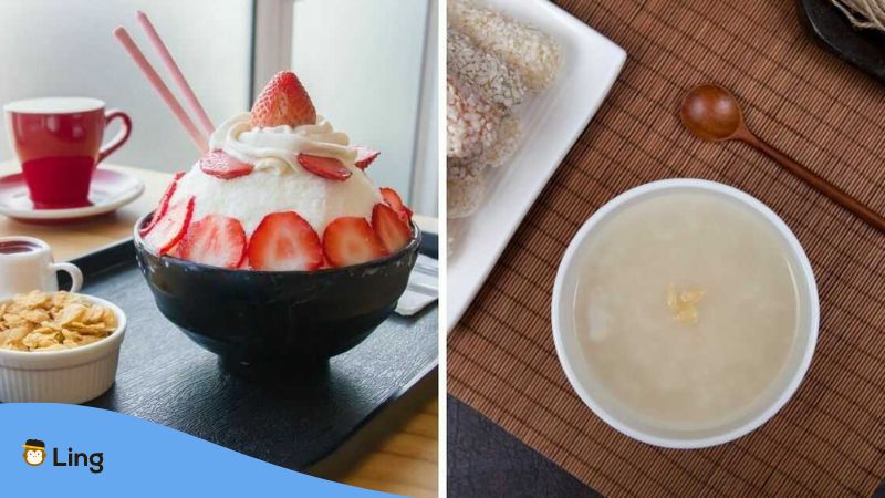 Koreanischer Nachtisch Milcheis-Sorbet Bingsu und Süßer Reis-Punsch Sikhye
