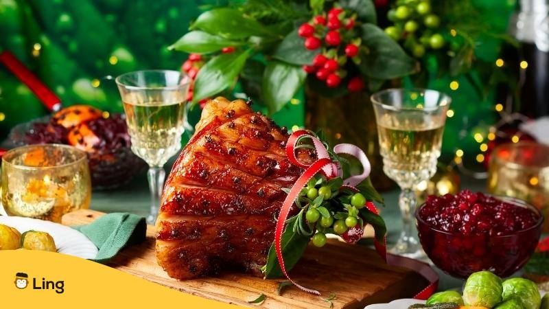 Meat on a decorated Christmas table which is a must try christmas dish in Croatia
