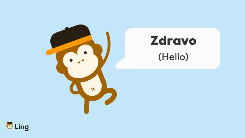 Ling monkey waving with a speech bubble "Hello" in Croatian which is "Zdravo"