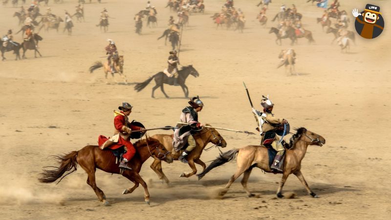 Mongolians riding horses