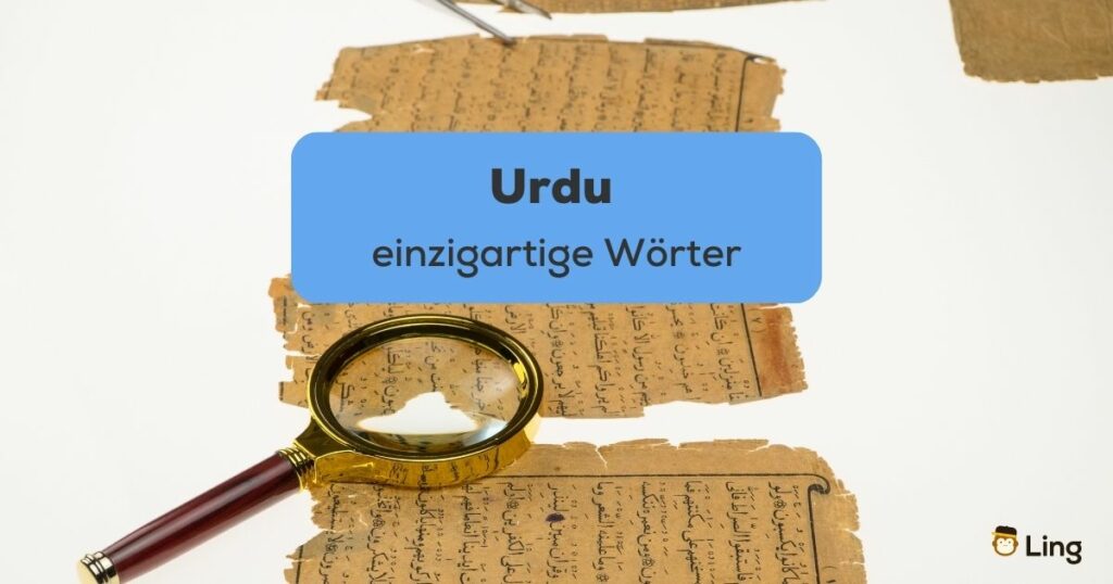 Eine Lupe liegt auf beschriebenem Papier, Beitragstitel: einzigartige Wörter auf Urdu