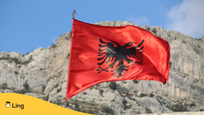 Albanische Flagge vor Bergen