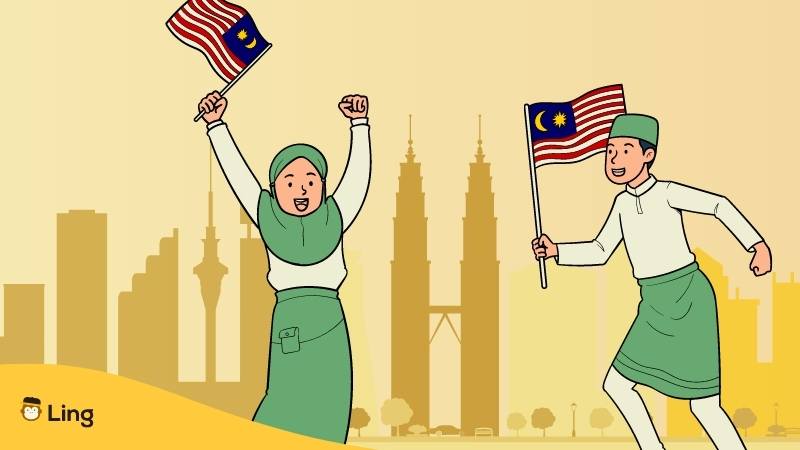 Muslimische Frau und Mann mit malaysischer Flagge stehen vor der Skyline von Kuala Lumpur, der Haupstadt von Malaysia