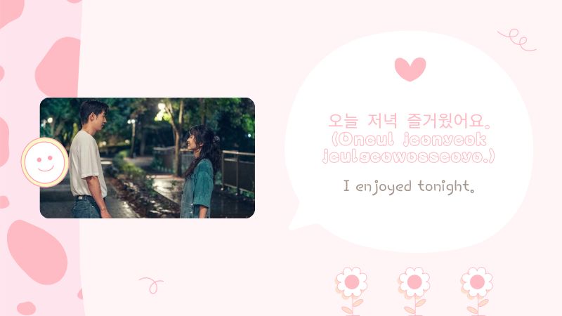 오늘 저녁 즐거웠어요. (Oneul jeonyeok jeulgeowosseoyo.)-Korean Flirting Phrases