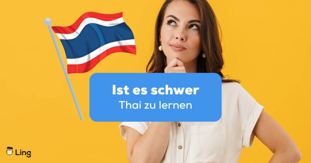 Brünette Frau wundert sich wie schwer Thai zu lernen ist und freut sich dass sie mit Ling-App ganz einfach Thai lernen kann