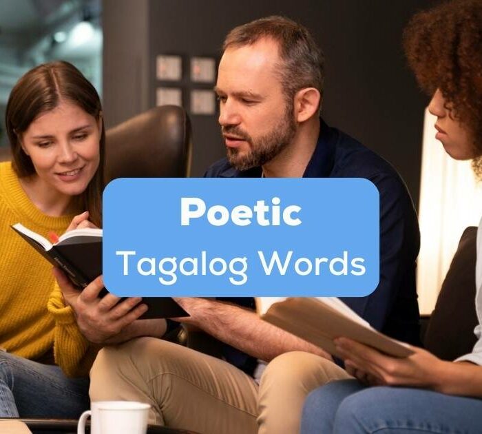 A photo of a group of people sitting while reading books behind the Poetic Tagalog Words texts.