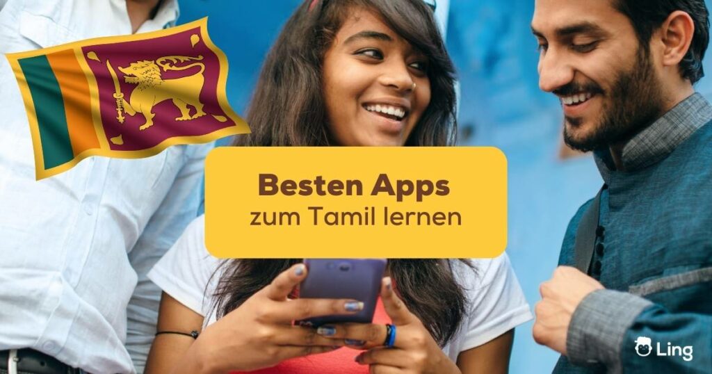 Frau hat ihr Smartphone in der Hand und liest über die besten Apps zum Tamil lernen mit der Ling-App