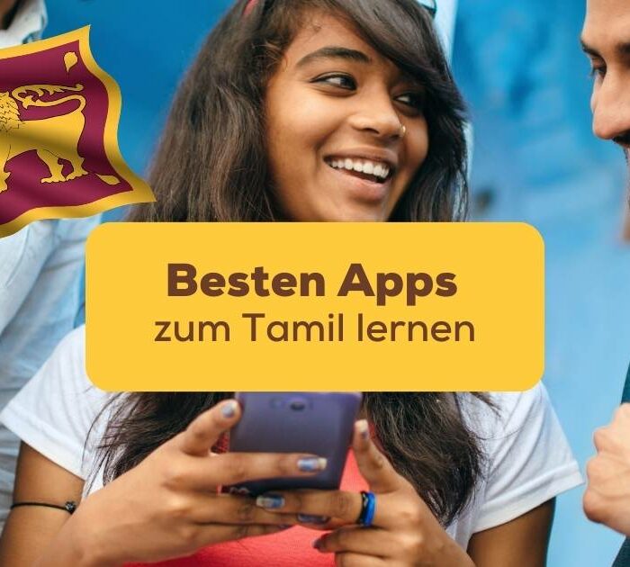 Frau hat ihr Smartphone in der Hand und liest über die besten Apps zum Tamil lernen mit der Ling-App