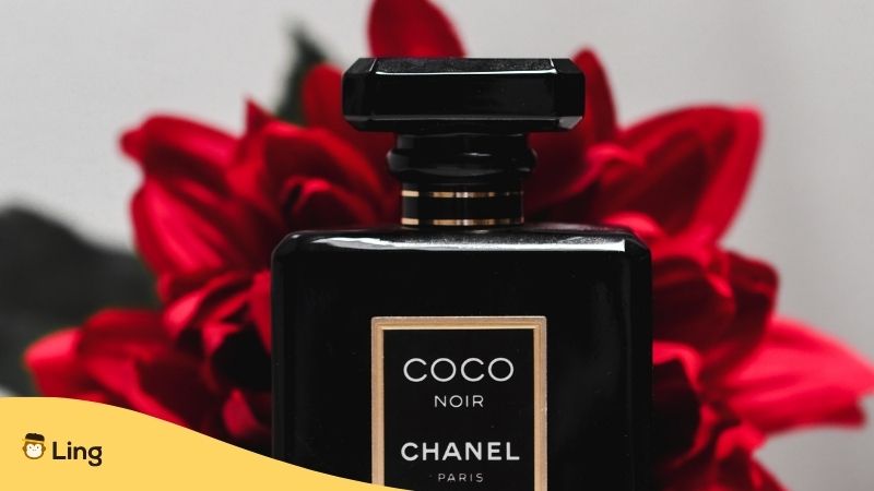 French Luxury Brands. Chanel Coco Noir perfume bottle in black with a red flower in the background.