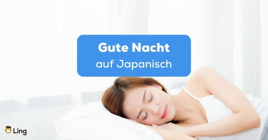 Japanische Frau liegt im Bett und schläft friedlich, nachdem sie Gute Nacht auf Japanisch gesagt hat