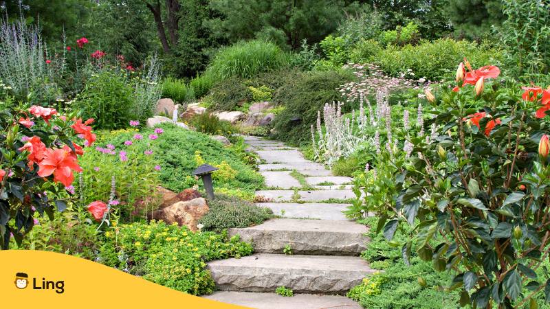 Schön Angelegter Grüner Garten Mit Blumen Und Einem Steinweg