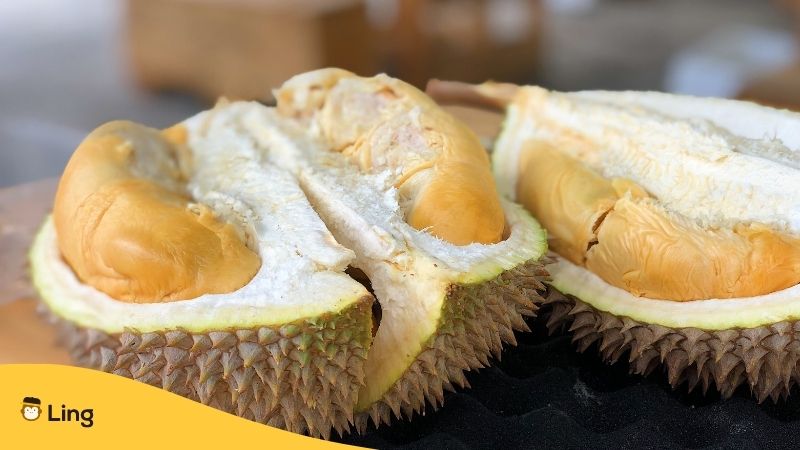 Plants In Malay. Durian fruit cut open and ready to eat.