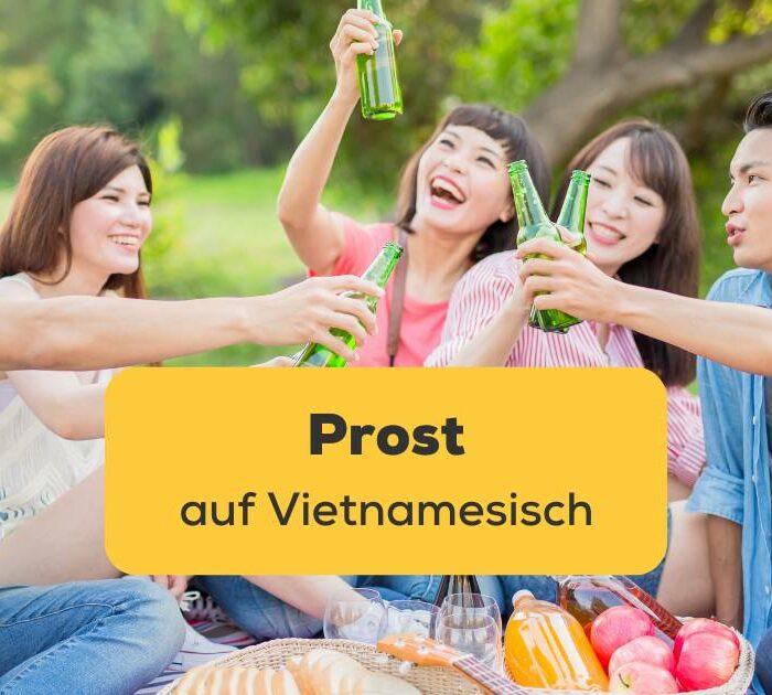 Fünf vietnamesische Freunde sitzen zusammen auf einer Picknickdecke und stoßen mit Bierflaschen gemeinsam and und sagen Prost auf Vietnamesisch