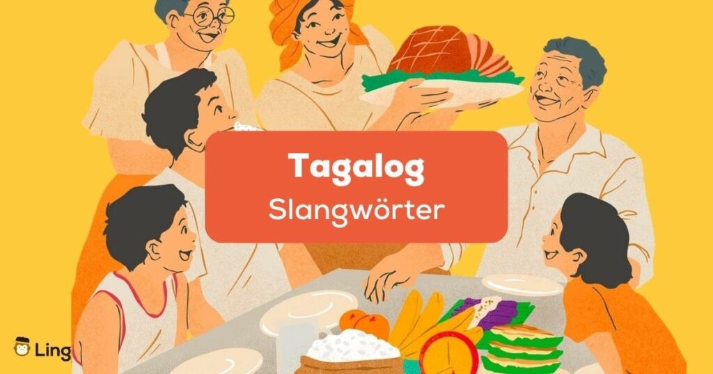 Grafik von philippinischer Familie, die zusammensitzt und sich miteinander austauscht mit Tagalog Slangwörter