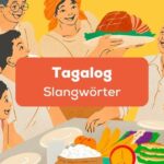 Grafik von philippinischer Familie, die zusammensitzt und sich miteinander austauscht mit Tagalog Slangwörter