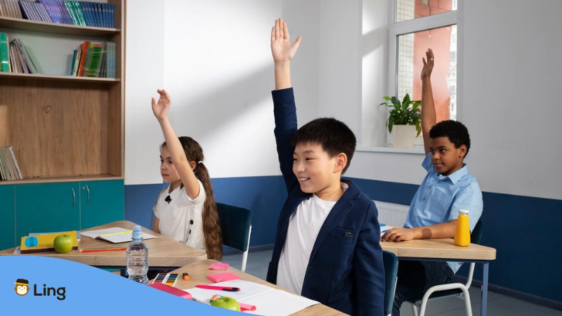 Students raising their hands during the discussion about transition words in Cantonese.