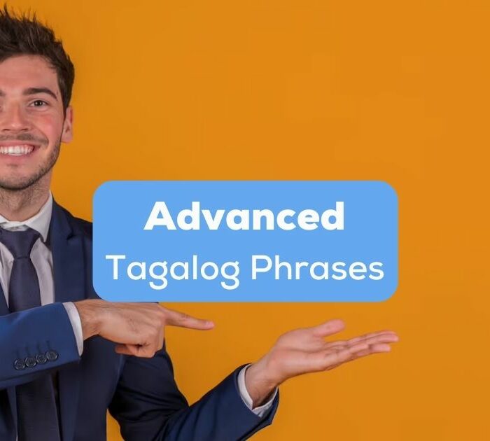 A man in a suit pointing to advanced Tagalog phrases text.