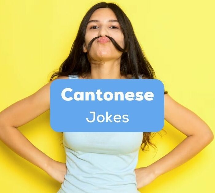 A girl using her hair as a mustache behind the text Cantonese jokes.