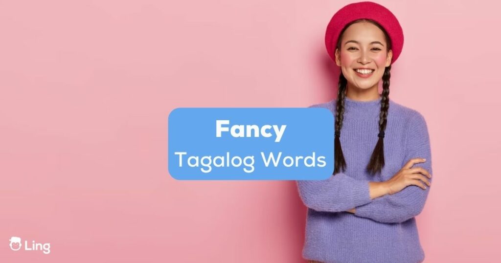 A girl in a red hat beside fancy Tagalog words text.