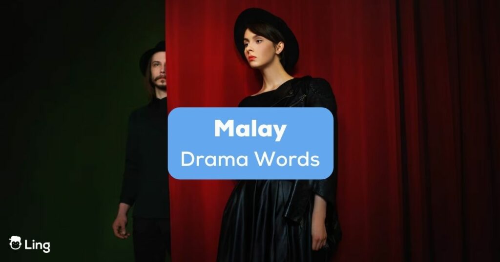 A stage actor and actress divided by red curtain behind the Malay drama words text.