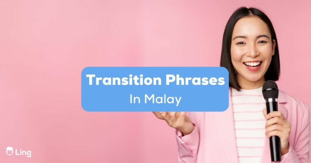An enthusiastic Asian woman speaking transition phrases in Malay with a microphone.