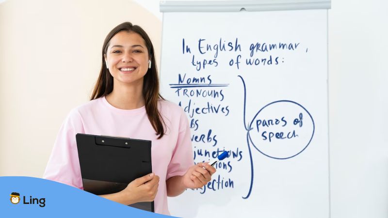 Cantonese Adverbs - A language teacher discussing English grammar and adverbs in Cantonese on a whiteboard while holding a marker.