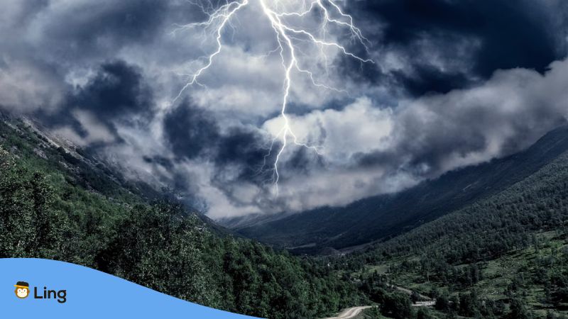 Thunder and lightning striking the mountain peaks is part of Chinese creation myth.